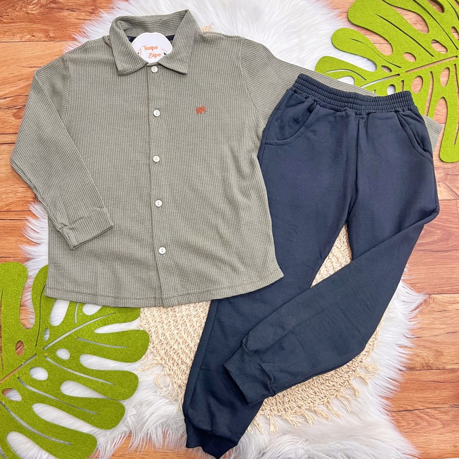 Conj. Camisa Manga Longa de Linho e Calça de Moletom - Verde Musgo e Preto